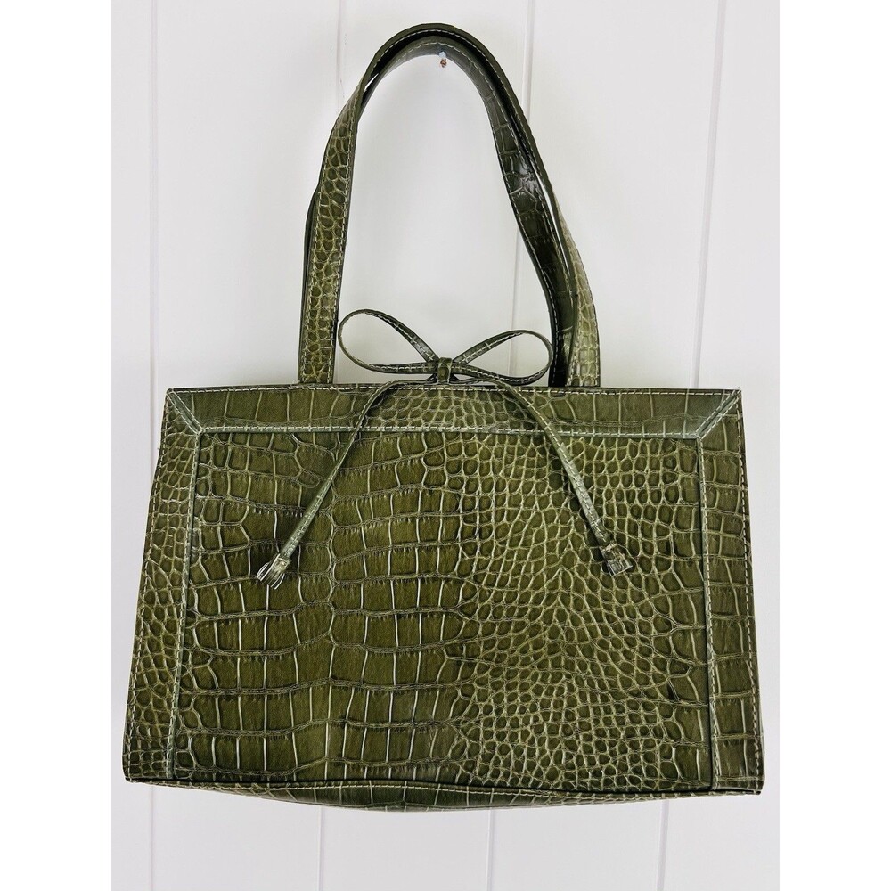 Vintage Liz Claiborne Olive Green Crocodile Embossed Shoulder Bag Bow Accent - Picture 7 of 8